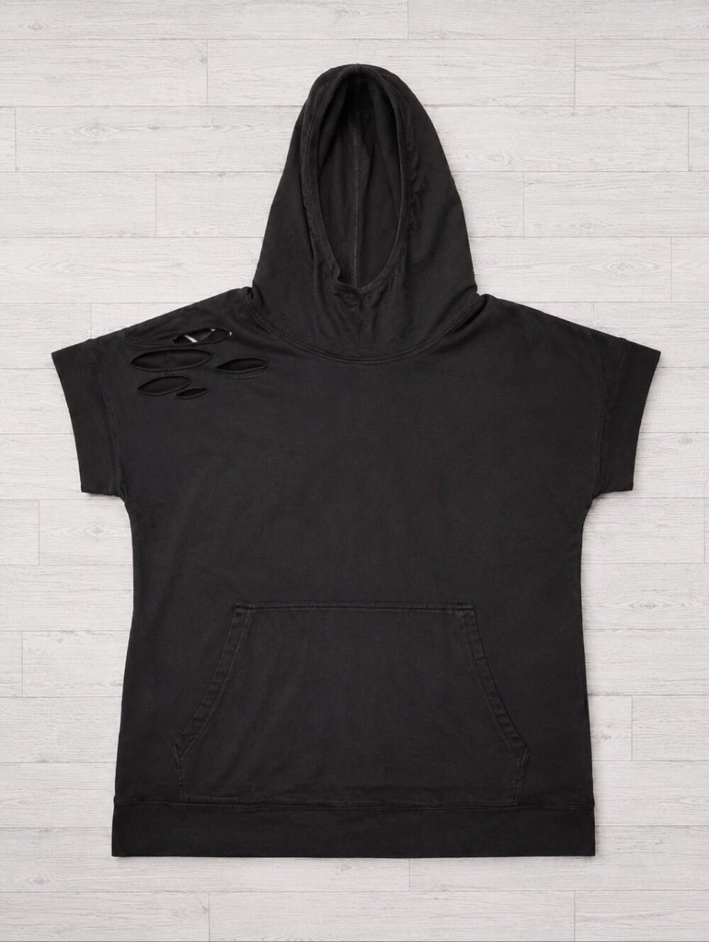 Mono B Black Distressed Hooded Short Sleeve Top
